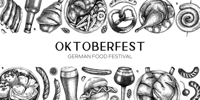 German food background. Oktoberfest menu design. Vector meat dishes sketches. German cuisine banner in vintage style. Traditional Food festival illustration. Black and white template